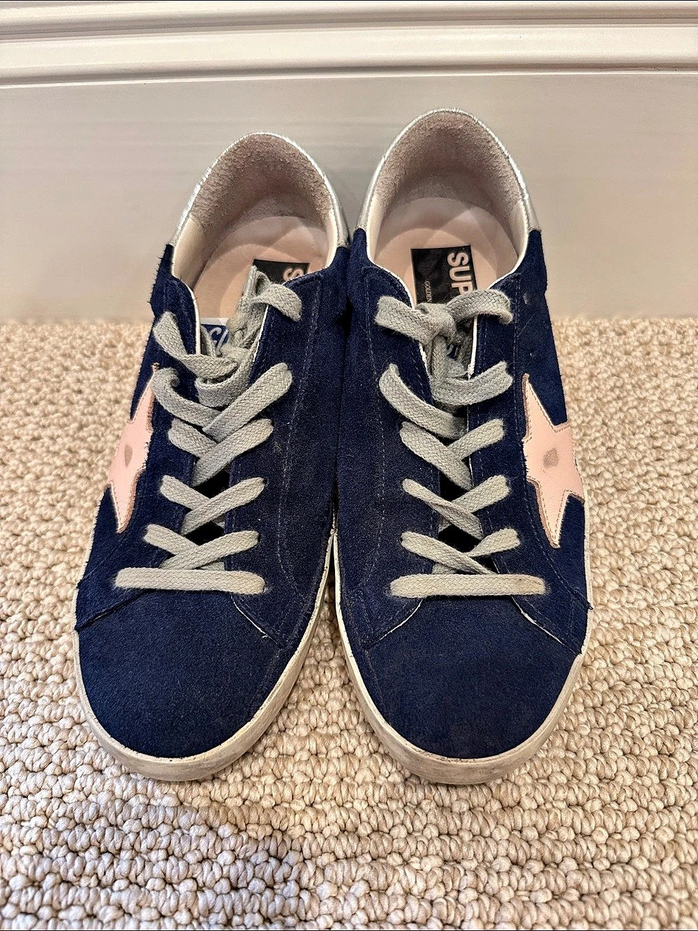 Golden Goose Super-Star Sneakers in Navy Suede with Pink Star Women's Blue &